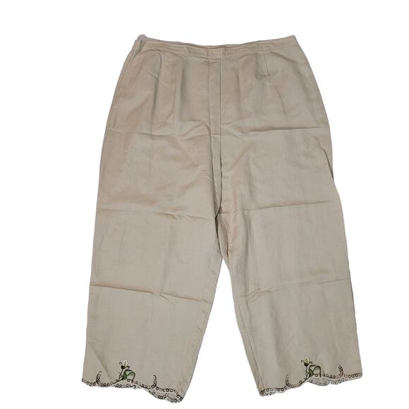 Joy & Peace Size 16W	Linen Blend Light Khaki Floral Embroidered Hem Pants Crop - Picture 1 of 7